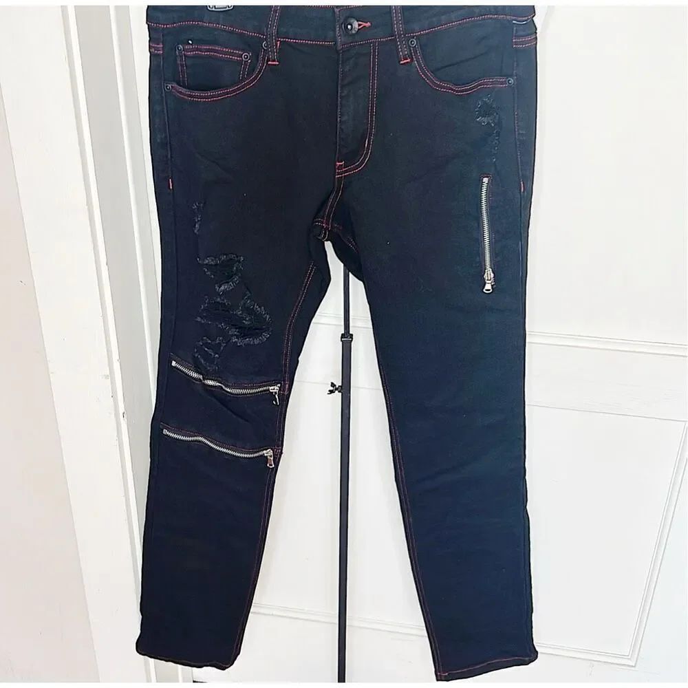 Hot Topic Denim Mens Skinny Zipper Deconstruct Pants NWT Size 32 Black